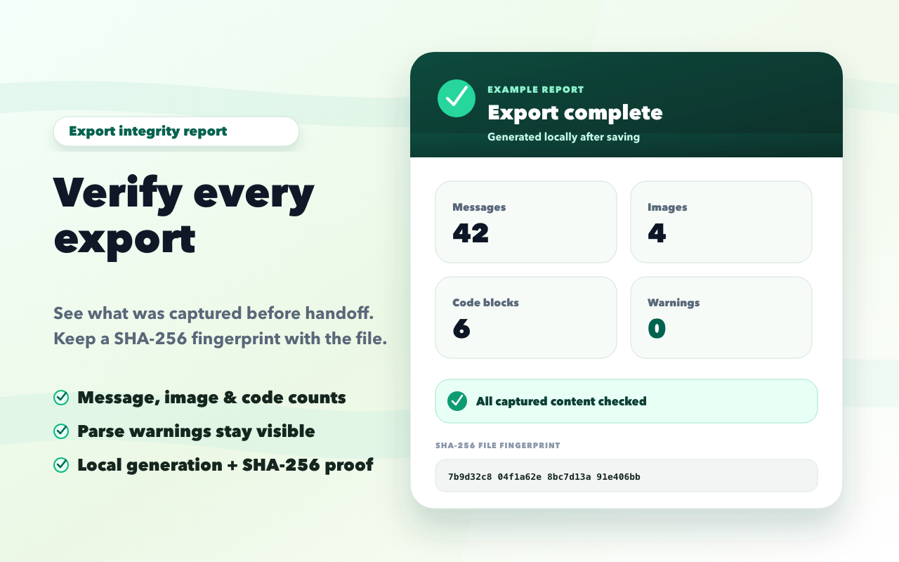 AI Chat Export integrity report example with export counts, health checks, and SHA-256 fingerprint