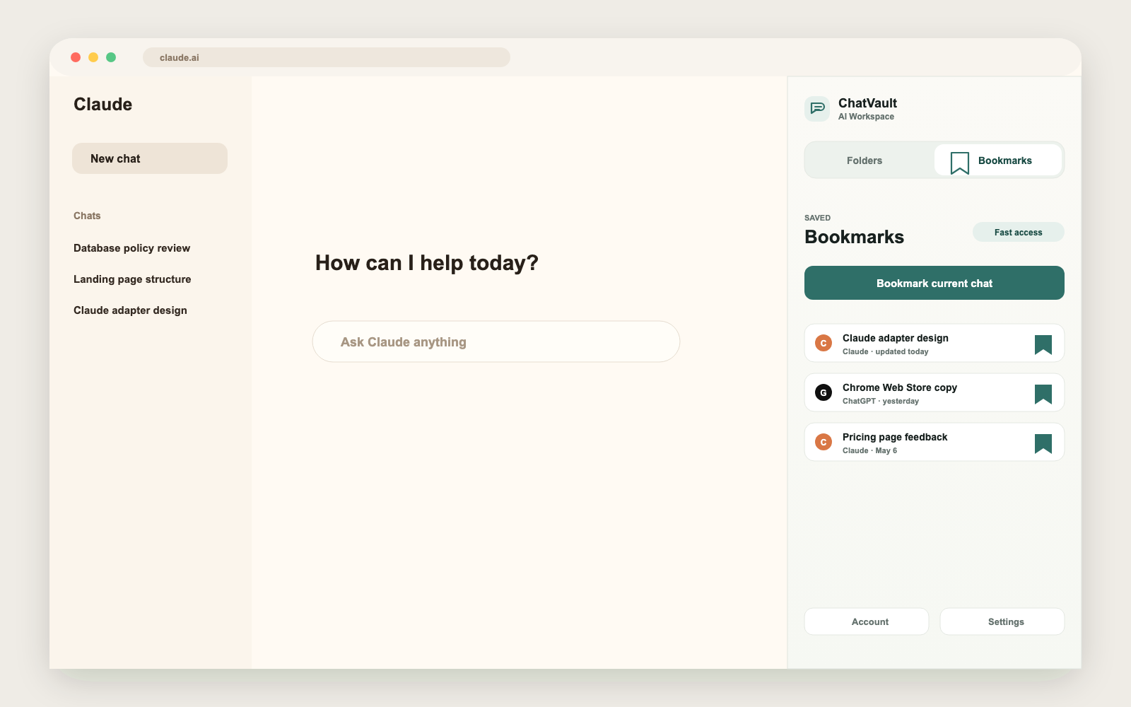 ChatVault AI bookmarks interface inside Claude
