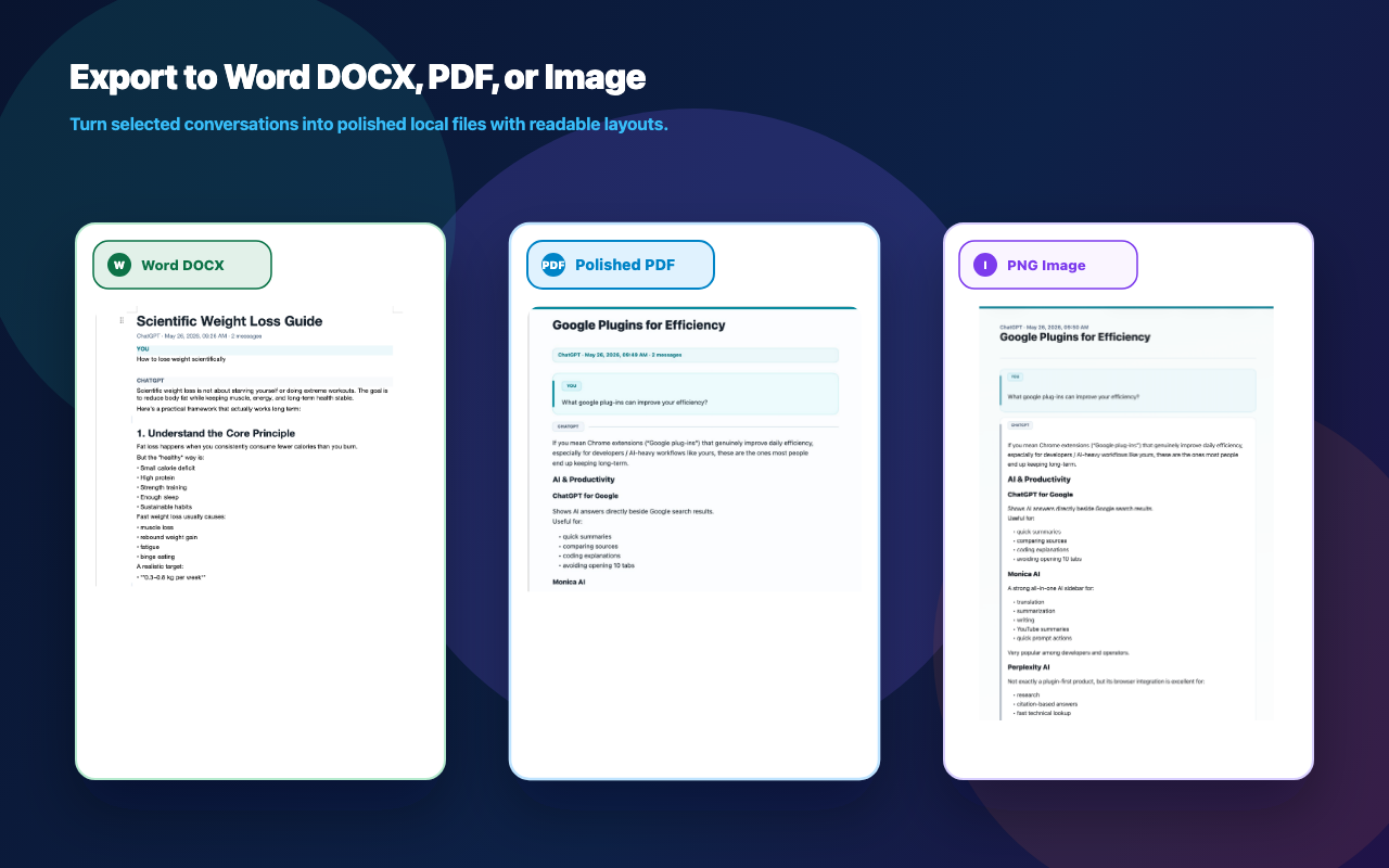 Gemini Export preview showing Word, PDF, Markdown, and image export formats